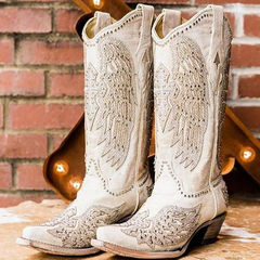 Tuhoomall Western Cowgirl Boots for Women, Chunky Heel Slip-on Mid Calf Boot, Snip-toe Design with Studs and Glitter for Outdoor Performance
