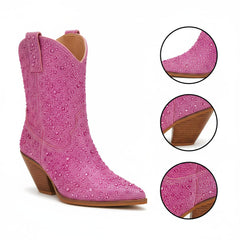 Tuhoomall Rhinestone Embellished Ankle Boots for Women, Chunky Heel 6.5 cm, Slip-On Pointed Toe Short Booties for Parties and Weddings