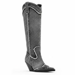 Tuhoomall Western Style Knee High Boots for Women, Retro Chunky Heels, Distressed Denim, Chic Pointed Toe, All-Season Slip-On Comfort