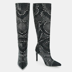 Tuhoomall Western Style Knee-High Glittering Stiletto Boots for Parties and Performances with Rhinestones and Geometric Patterns Tuhoomall