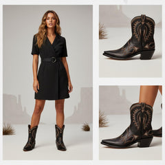 Tuhoomall Metallic Western Ankle Boots for Women - Stylish Slip-On Design with Embroidered Floral Pattern, Casual All-Season Footwear