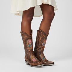 Tuhoomall Western Cowgirl Boots for Women, Floral Embroidered Slip-On Mid Calf Boot, Chunky Heel for Comfort, Stylish for Casual and Outdoor Events