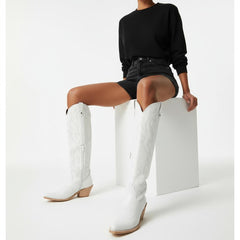 Tuhoomall Western Knee-High Boots with Elegant Embroidery, Stylish Mid Heel for Casual and Office Wear, Durable Faux Suede Leather, All-Season Fashion