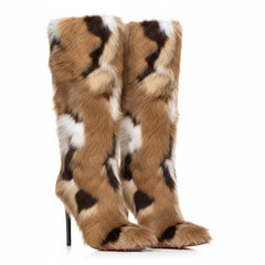 Tuhoomall Stylish Knee-High Fashion Boots with 10cm Stiletto Heels, Slip-On Design and Luxurious Faux Fur for Parties and Winter Street Style Tuhoomall