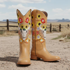 Tuhoomall Western Cowgirl Mid Calf Boots, Floral Embroidery, Chunky Heel Slip-On for Casual Outdoor Fashion Tuhoomall