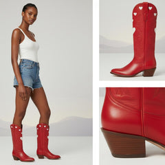 Tuhoomall Western Knee High Boots With Rubber Sole, 5cm Chunky Heel, Embroidered Sweet Pink Hearts For Casual Fashion All Year Round