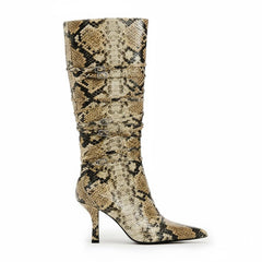Tuhoomall Fashion Casual Knee High Boots for Women, Snakeskin PU, Pointed Toe, Adjustable Buckle, Rubber Sole, Chic Street Style