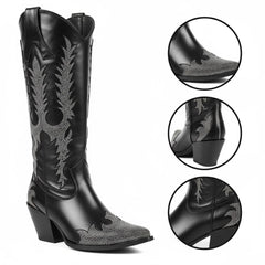 Tuhoomall Western Chunky Heels Ankle Boots with Rhinestones, Vegan Leather, 3-Inch Heel for Casual Performance and Runway Styles