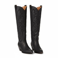 Tuhoomall Western Mid Calf Boots for Women, Embroidered Pointed Toe, Chunky Heel, Slip-On Design for Casual Style