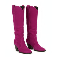 Tuhoomall Western Cowgirl Boots, Mid Calf Chunky Heels, Retro Classic Casual Style, Pointed Toe Slip-On, Solid Faux Suede, All Season Comfort