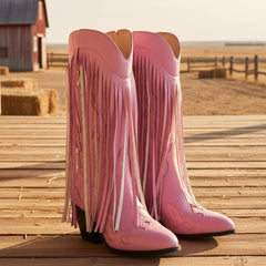 Tuhoomall Comfortable Western Cowgirl Boots with Chunky Heel, Floral Applique and Fringe Detail for Casual Outings All Seasons Tuhoomall