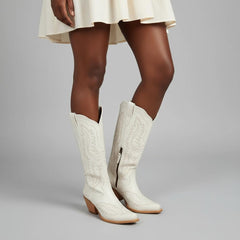 Tuhoomall Stylish Western Mid-Calf Boots for Women - Embroidered Vegan Leather, 2.76in Low Chunky Heel, Perfect for Year-Round Casual Wear