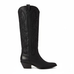 Tuhoomall Western Mid Calf Boots for Women, Embroidered Pointed Toe, Chunky Heel, Slip-On Design for Casual Style