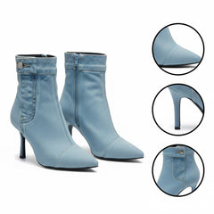 Tuhoomall Denim Ankle Boots With Zipper, Pointed Toe, 4.53 In High Heel, Fashionable For Daily Wear And Performances Tuhoomall