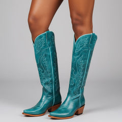 Tuhoomall Faux Suede Knee High Western Boots with Embroidered Eagles for Fashion, Travel, and Parties, 2.36 in Chunky Heel