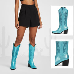 Tuhoomall Comfortable Western Boots with Sequins and Floral Design for Stylish Parties, Runway Shows, and Casual Outings - Knee-High Chunky Heel