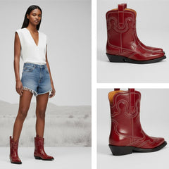 Tuhoomall Chic Mid Calf Western Boots For Women | Floral Embroidery | Slip-On Chunky Heel | Casual Fashion Footwear For Travel