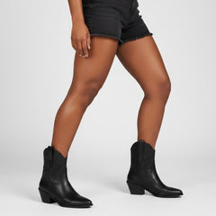 Tuhoomall Western Ankle Boots with Embroidered Pattern, 5cm Chunky Heel, Slip-On Design for Fashion and Travel, Durable Synthetic Fabric Lining