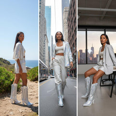 Tuhoomall Chunky Heel Western Rhinestone Booties with Fringes for Fashion Events, Pointed Toe, Slip-On Style, All-Day Comfort, Eye-Catching Design