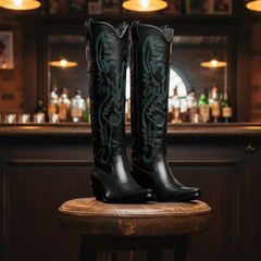 Tuhoomall Western Style Floral Embroidery Knee High Boots for Work - 5.6 cm Chunky Heel, Rubber Sole, Slip-On Design, Classic Fashion وترتیب