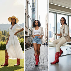 Tuhoomall Western Mid Calf Boots For Women, Snip Toe, Chunky Heel, Embroidered Star Pattern, Slip-On Design, Casual Retro Style