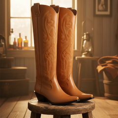 Tuhoomall Western Style Floral Embroidery Knee High Boots for Work - 5.6 cm Chunky Heel, Rubber Sole, Slip-On Design, Classic Fashion وترتیب Tuhoomall