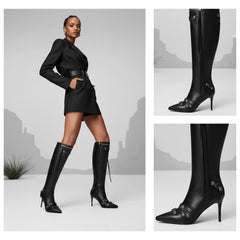 Tuhoomall Comfortable Knee-High Fashion Boots with Zip and Studded Design, 10cm High Heel for Parties, Weddings, and Everyday Stylish Looks