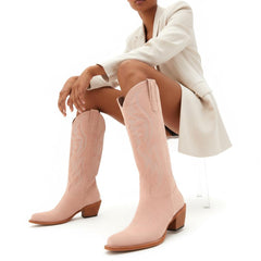 Tuhoomall Western Embroidered Pointed Toe Chunky Heel Slip-On Mid Calf Boots for Women, Retro Casual Style, Perfect for Weddings and Everyday Wear