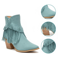 Tuhoomall Western Ankle Boots for Women, Fringed Design, Casual Fashion, Chunky Heel 2.36 in, Zipper Closure, All-Season Comfort