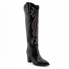 Tuhoomall Western Floral Embroidered Knee-High Boots for Women - Comfortable Slip-On Design with Chunky Heel for Parties and Daily Wear Tuhoomall