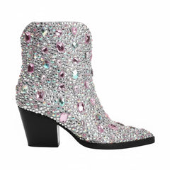 Tuhoomall Pointed-Toe Chunky Heel Ankle Booties with Rhinestones for Fashionable Ballroom Dance - Slip-On Design, 3.00 in Heel Height