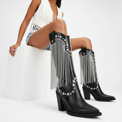 Tuhoomall Chunky Heel Western Rhinestone Booties with Fringes for Fashion Events, Pointed Toe, Slip-On Style, All-Day Comfort, Eye-Catching Design