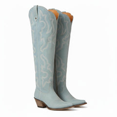 Tuhoomall Western Knee-High Boots with Elegant Embroidery, Stylish Mid Heel for Casual and Office Wear, Durable Faux Suede Leather, All-Season Fashion