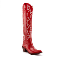 Tuhoomall Western Knee-High Boots with Elegant Embroidery, Stylish Mid Heel for Casual and Office Wear, Durable Faux Suede Leather, All-Season Fashion