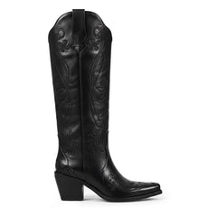 Tuhoomall Tuhoomall Western Knee-High Boots for Women, Floral Embroidered Design, Perfect for Parties, Office, and Casual Wear, 7.5 cm Classic Mid Chunky Heel