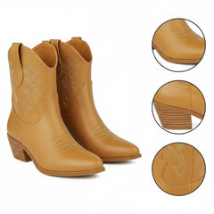 Tuhoomall Western Ankle Boots with Embroidered Pattern, 5cm Chunky Heel, Slip-On Design for Fashion and Travel, Durable Synthetic Fabric Lining