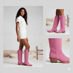 Tuhoomall Western Mid-Calf Boots for Women with Chunky Heel, Zipper Closure, Embroidered Faux Suede and Rivets, Casual Fashion for All Seasons