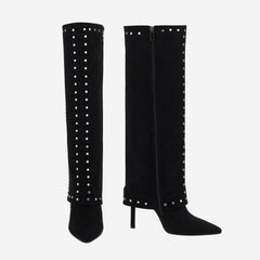 Tuhoomall Women’s Fashion Knee-High Foldable Boots - Stylish Stiletto Heels with Studded Accents for Parties and Casual Wear
