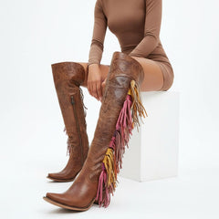 Tuhoomall Western Over Knee Boots with Fringe and Heart Pattern, Block Heel 2.76in, Zipper Closure, Faux Suede for Fashionable Boho Lifestyle