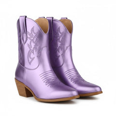 Tuhoomall Western Ankle Boots with Embroidered Pattern, 5cm Chunky Heel, Slip-On Design for Fashion and Travel, Durable Synthetic Fabric Lining