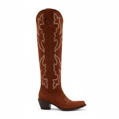 Tuhoomall Western Knee-High Boots with Elegant Embroidery, Stylish Mid Heel for Casual and Office Wear, Durable Faux Suede Leather, All-Season Fashion
