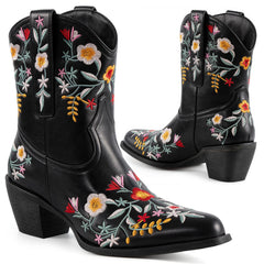 Tuhoomall Stylish Western Ankle Boots with Floral Embroidery, Rubber Sole, Chunky 5cm Heel for Classic and Casual Looks