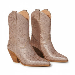 Tuhoomall Rhinestone Embellished Ankle Boots for Women, Chunky Heel 6.5 cm, Slip-On Pointed Toe Short Booties for Parties and Weddings