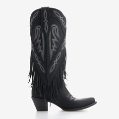 Tuhoomall Western Mid Calf Boots for Women, Embroidered Fringe Vegan Leather, 1.75" Heel, Stylish Retro Design for Casual Wear