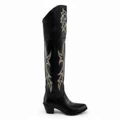 Tuhoomall Western Over-the-Knee Boots for Women, Chunky Heel, Snip-Toe, Embroidered, Slip-On, Distressed Style for Parties and Casual Outings