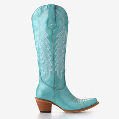 Tuhoomall Western Cowboy Knee-High Boots for Women, Stylish Floral Embroidery, Comfortable Chunky Heels, Slip-On Design, All-Season Fashion Tuhoomall