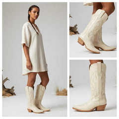 Tuhoomall Western Cowgirl Boots Mid Calf Chunky Heel Slip-On Embroidered Fashion Boots for Travel Outdoor Classic Style