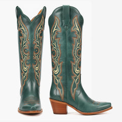 Tuhoomall Comfortable Knee-High Western Boots for Fashion, Travel & Leisure - Floral Embroidery with Studs, Rubber Sole, Slip-On Design, 5cm Chunky Heel Tuhoomall