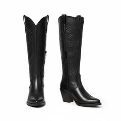 Tuhoomall Western Cowboy Boots, Chunky Block Heel, Embroidered Design, Mid Calf Length, Fashion Casual, Perfect for Performances and Everyday Wear