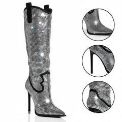 Tuhoomall Knee-High Stiletto Boots for Parties, Fashion Shows, Pointed Toe Design with Rhinestones, Slip-On, Faux Suede, Glamorous Look, All Seasons